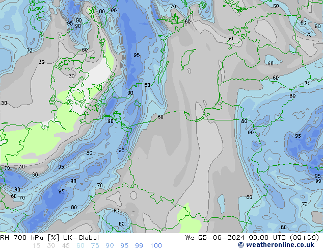 Humedad rel. 700hPa UK-Global mié 05.06.2024 09 UTC