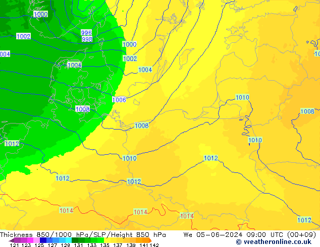 Thck 850-1000 hPa UK-Global mer 05.06.2024 09 UTC