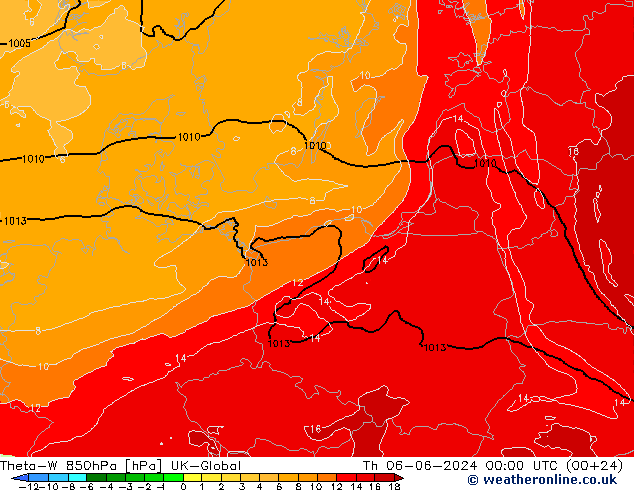 Theta-W 850hPa UK-Global jue 06.06.2024 00 UTC