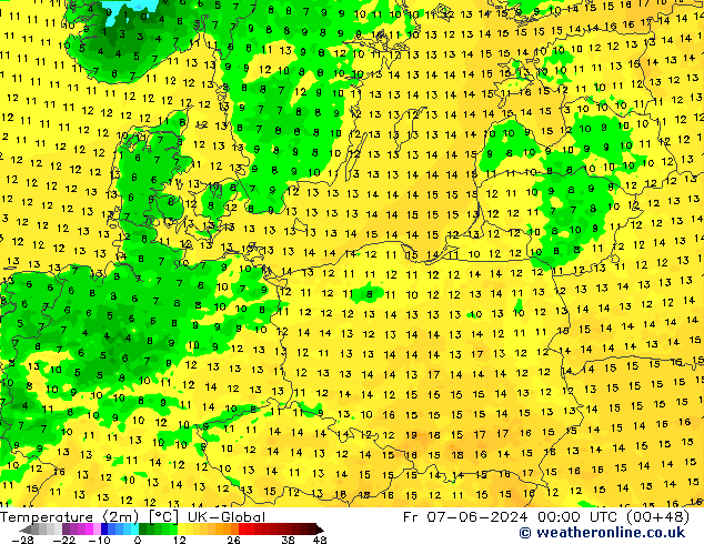 Temperature (2m) UK-Global Pá 07.06.2024 00 UTC