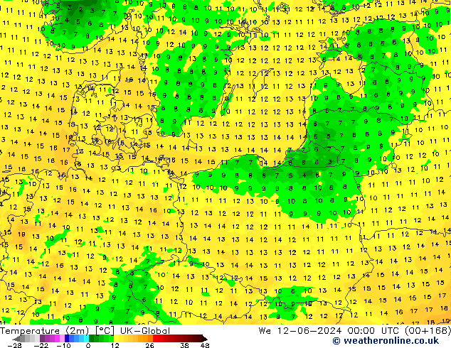 Temperature (2m) UK-Global St 12.06.2024 00 UTC