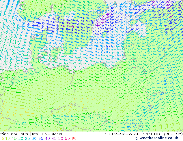 Wind 850 hPa UK-Global Ne 09.06.2024 12 UTC