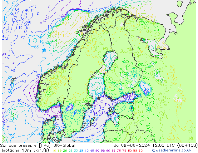 Isotachs (kph) UK-Global dim 09.06.2024 12 UTC