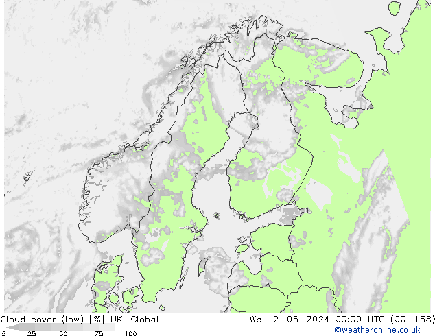 Cloud cover (low) UK-Global We 12.06.2024 00 UTC