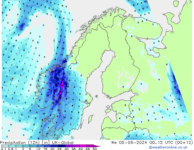 Precipitazione (12h) UK-Global mer 05.06.2024 12 UTC