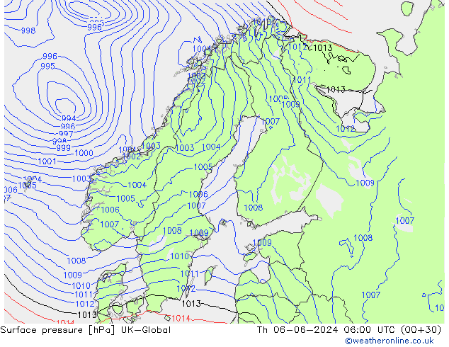 Atmosférický tlak UK-Global Čt 06.06.2024 06 UTC