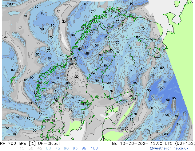 Humidité rel. 700 hPa UK-Global lun 10.06.2024 12 UTC