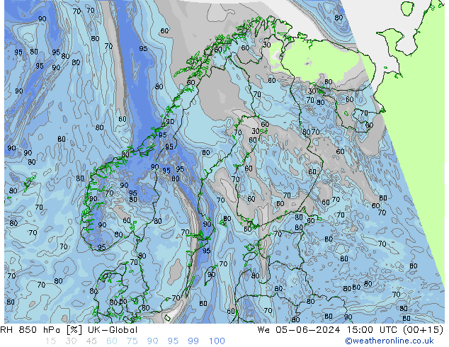 Humidité rel. 850 hPa UK-Global mer 05.06.2024 15 UTC