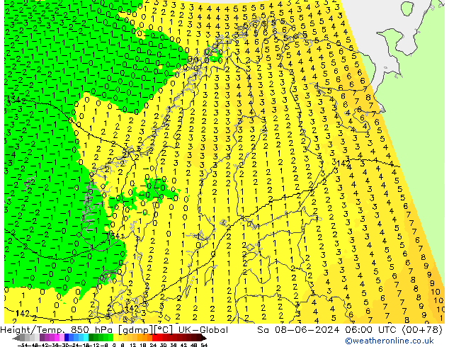 Height/Temp. 850 hPa UK-Global Sa 08.06.2024 06 UTC