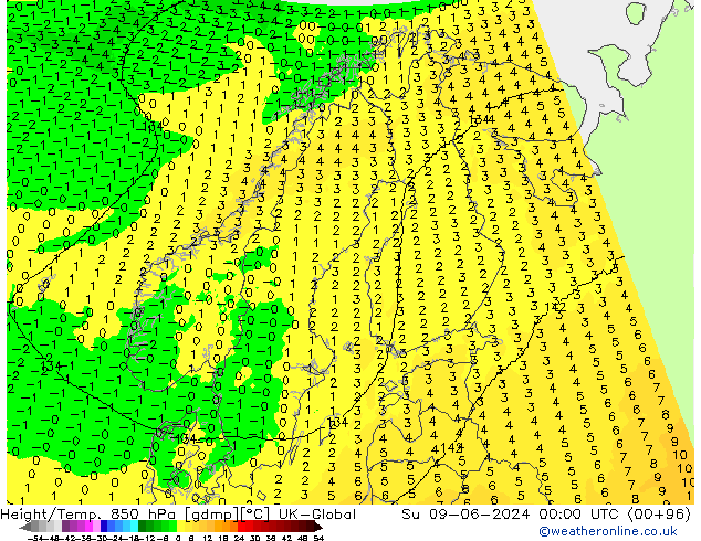 Hoogte/Temp. 850 hPa UK-Global zo 09.06.2024 00 UTC