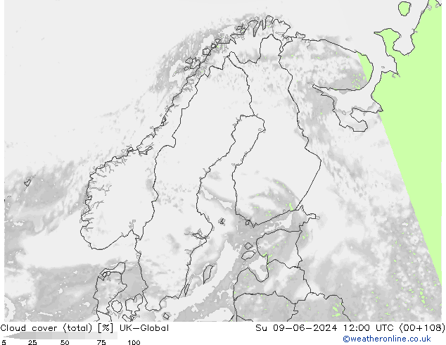 Cloud cover (total) UK-Global Ne 09.06.2024 12 UTC