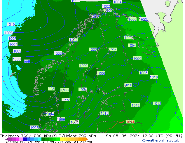 Thck 700-1000 hPa UK-Global Sa 08.06.2024 12 UTC