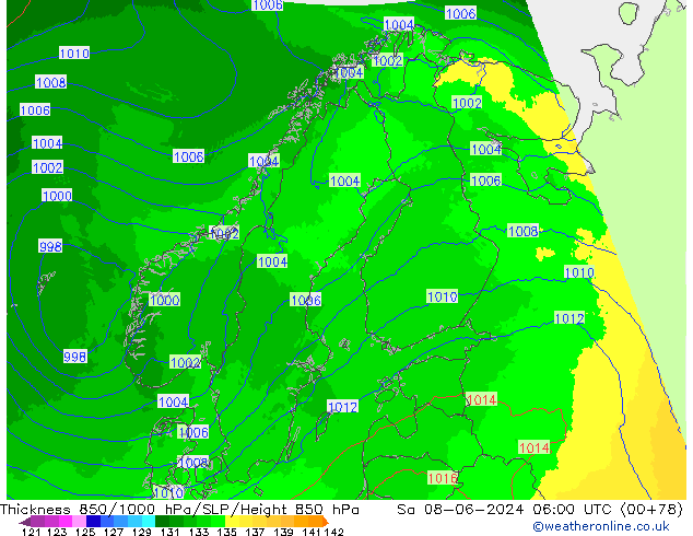 Schichtdicke 850-1000 hPa UK-Global Sa 08.06.2024 06 UTC