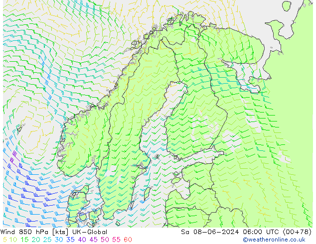 ветер 850 гПа UK-Global сб 08.06.2024 06 UTC