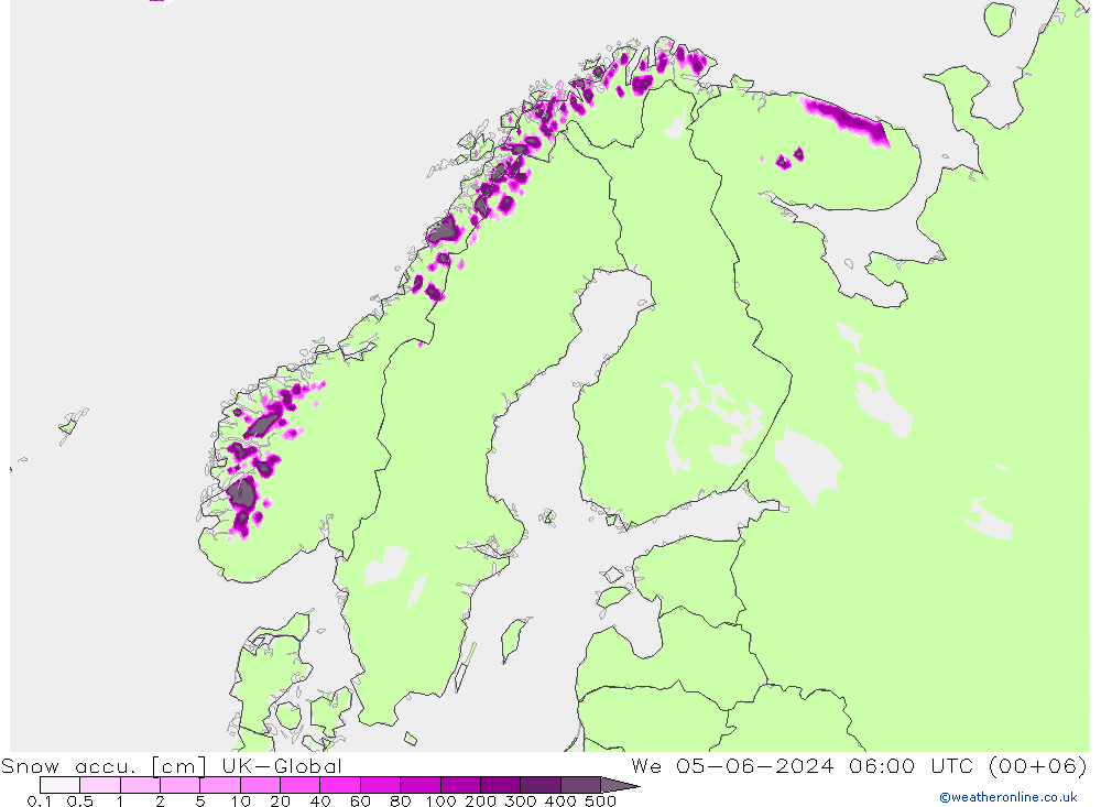 Snow accu. UK-Global 星期三 05.06.2024 06 UTC