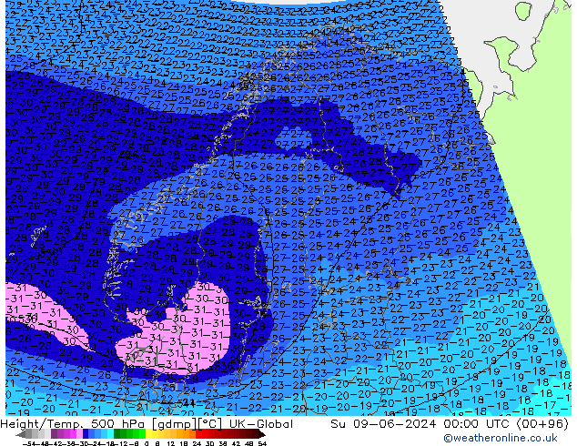 Height/Temp. 500 hPa UK-Global Su 09.06.2024 00 UTC