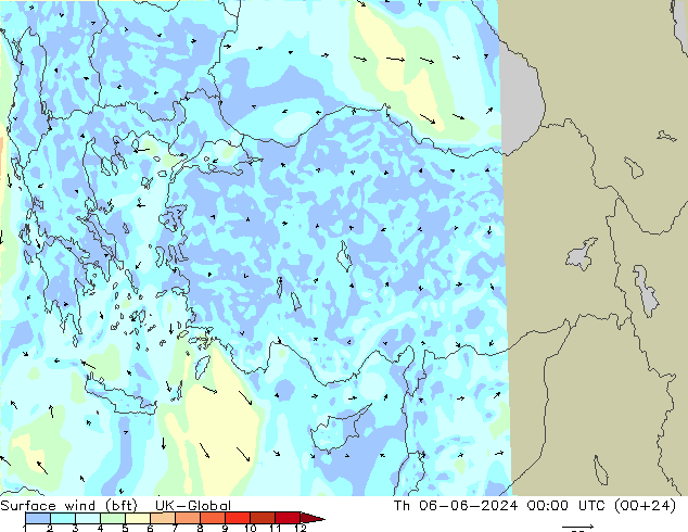 Wind 10 m (bft) UK-Global do 06.06.2024 00 UTC