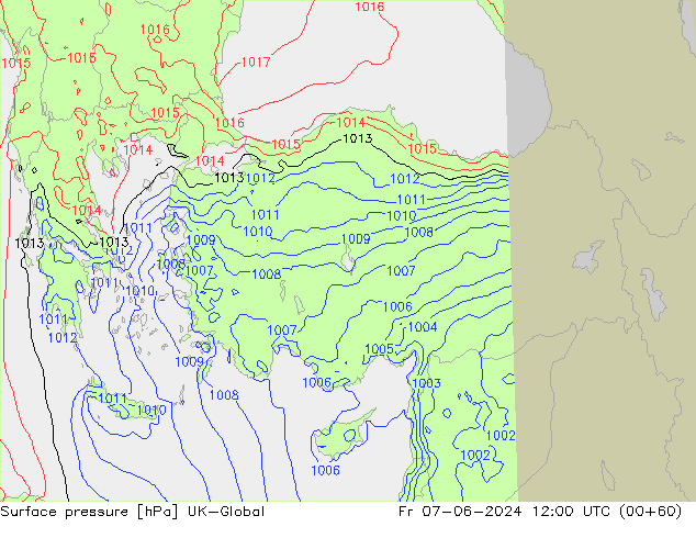 Pressione al suolo UK-Global ven 07.06.2024 12 UTC