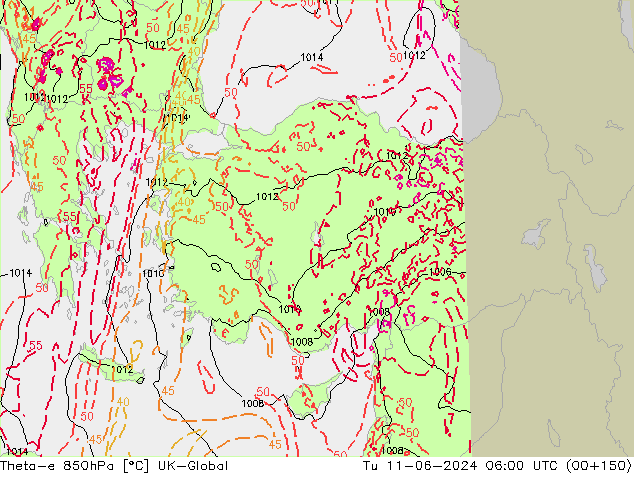 Theta-e 850hPa UK-Global  11.06.2024 06 UTC