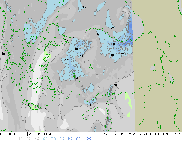 RH 850 hPa UK-Global Su 09.06.2024 06 UTC