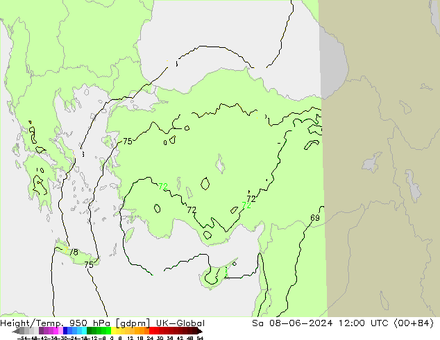Height/Temp. 950 hPa UK-Global Sáb 08.06.2024 12 UTC