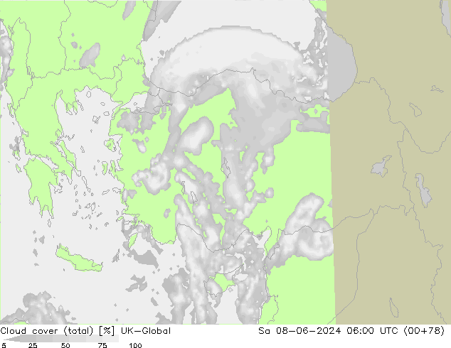 Bewolking (Totaal) UK-Global za 08.06.2024 06 UTC