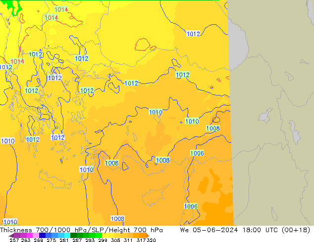 Thck 700-1000 hPa UK-Global śro. 05.06.2024 18 UTC