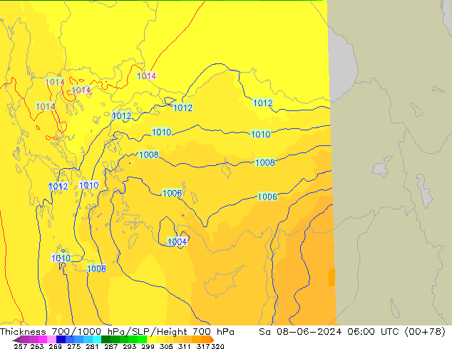 Thck 700-1000 hPa UK-Global So 08.06.2024 06 UTC