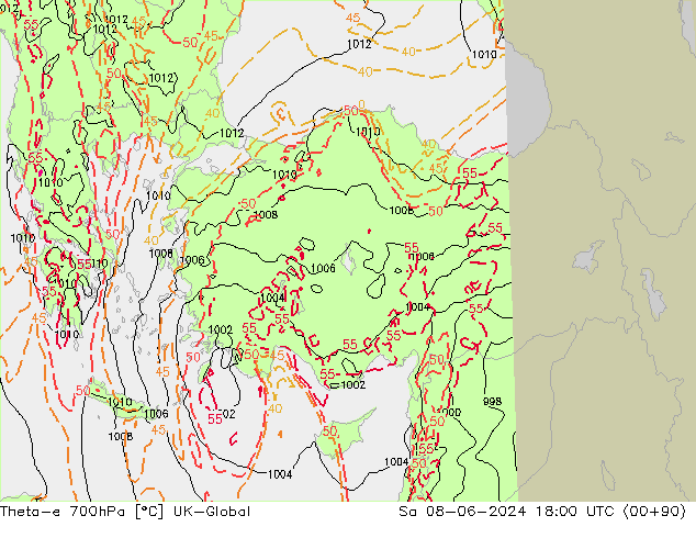 Theta-e 700hPa UK-Global Cts 08.06.2024 18 UTC