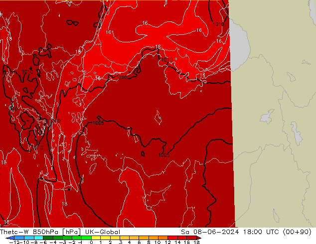 Theta-W 850hPa UK-Global Sáb 08.06.2024 18 UTC