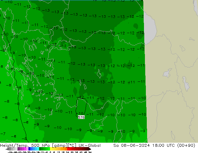 Hoogte/Temp. 500 hPa UK-Global za 08.06.2024 18 UTC
