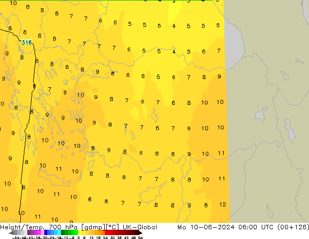 Hoogte/Temp. 700 hPa UK-Global ma 10.06.2024 06 UTC