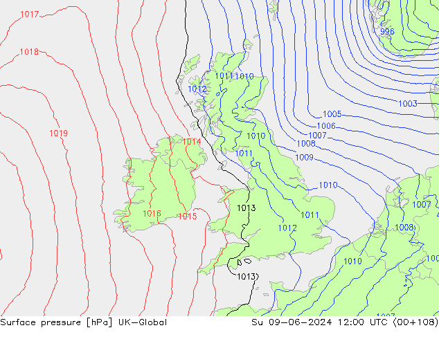 Pressione al suolo UK-Global dom 09.06.2024 12 UTC