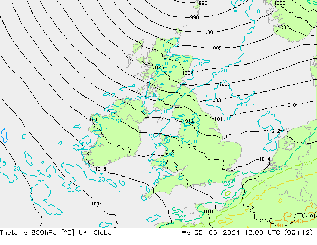 Theta-e 850hPa UK-Global Mi 05.06.2024 12 UTC