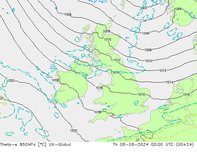 Theta-e 850hPa UK-Global Qui 06.06.2024 00 UTC