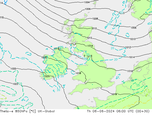 Theta-e 850hPa UK-Global Čt 06.06.2024 06 UTC