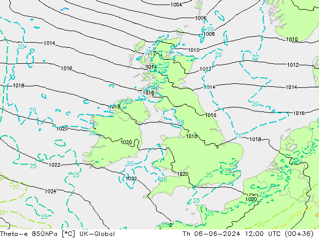 Theta-e 850hPa UK-Global czw. 06.06.2024 12 UTC