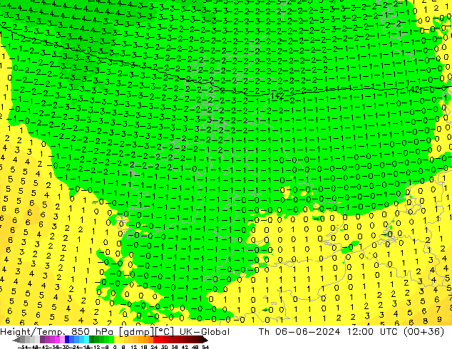 Height/Temp. 850 hPa UK-Global czw. 06.06.2024 12 UTC