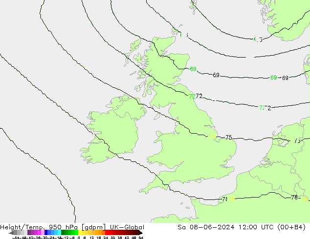 Géop./Temp. 950 hPa UK-Global sam 08.06.2024 12 UTC