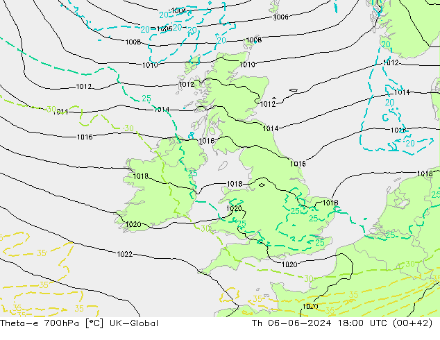 Theta-e 700hPa UK-Global Čt 06.06.2024 18 UTC