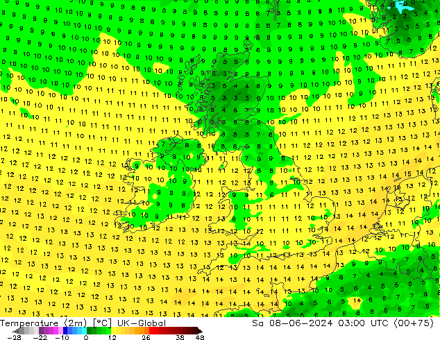 Temperatura (2m) UK-Global Sáb 08.06.2024 03 UTC