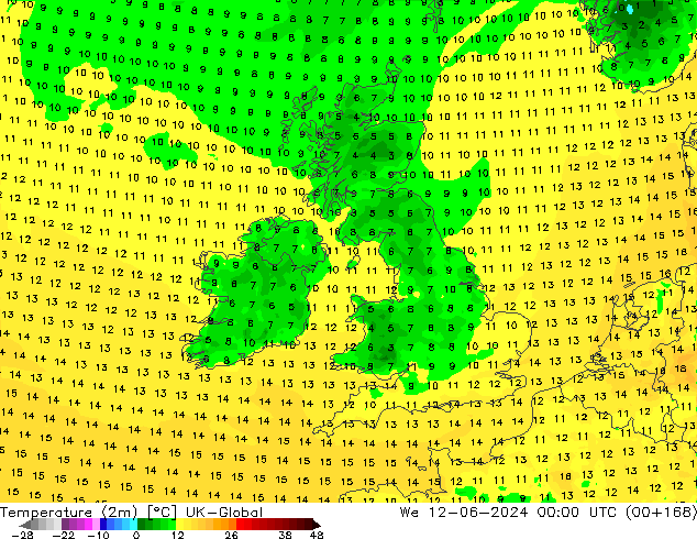 Temperatura (2m) UK-Global Qua 12.06.2024 00 UTC