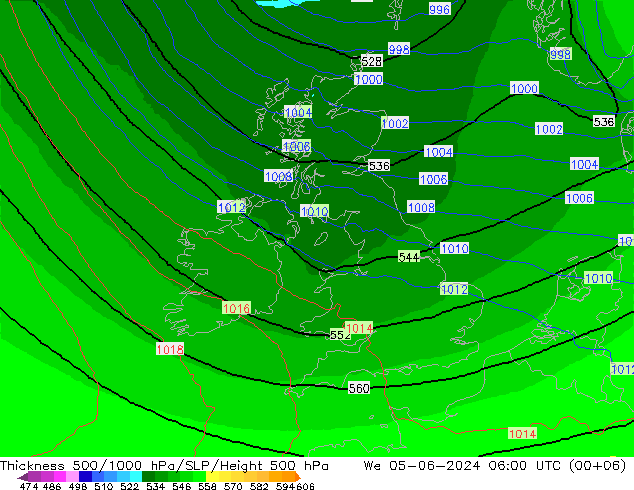 Dikte 500-1000hPa UK-Global wo 05.06.2024 06 UTC