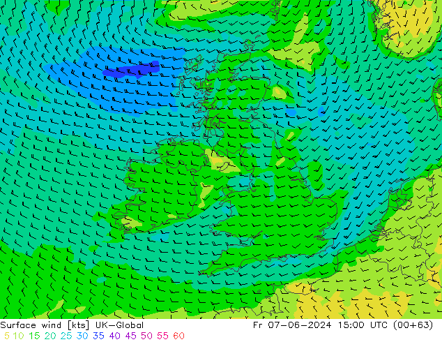 Viento 10 m UK-Global vie 07.06.2024 15 UTC