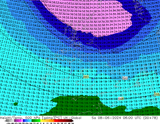 Height/Temp. 500 hPa UK-Global So 08.06.2024 06 UTC