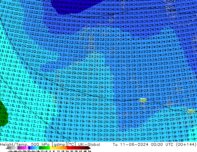 Height/Temp. 500 hPa UK-Global wto. 11.06.2024 00 UTC