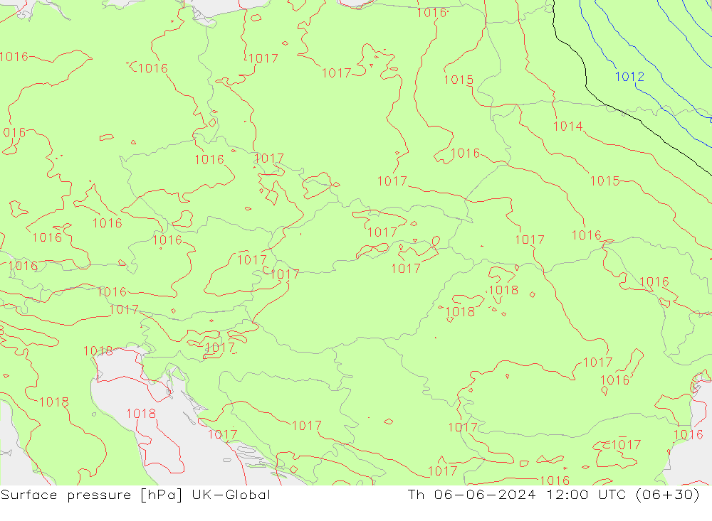 Atmosférický tlak UK-Global Čt 06.06.2024 12 UTC