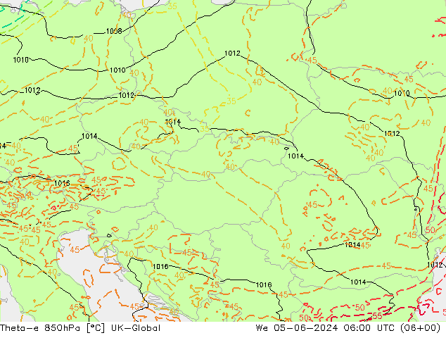 Theta-e 850hPa UK-Global mer 05.06.2024 06 UTC