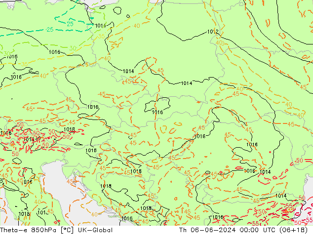 Theta-e 850hPa UK-Global jue 06.06.2024 00 UTC