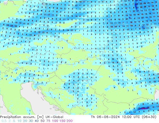 Precipitation accum. UK-Global чт 06.06.2024 12 UTC